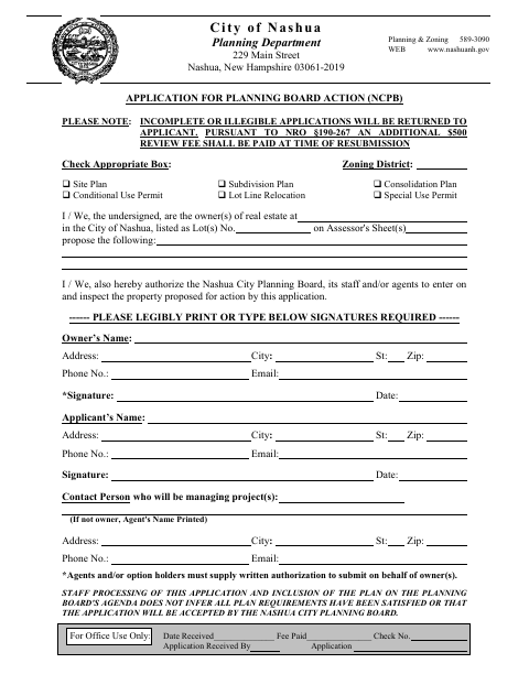 First page of the Application for Planning Board Action