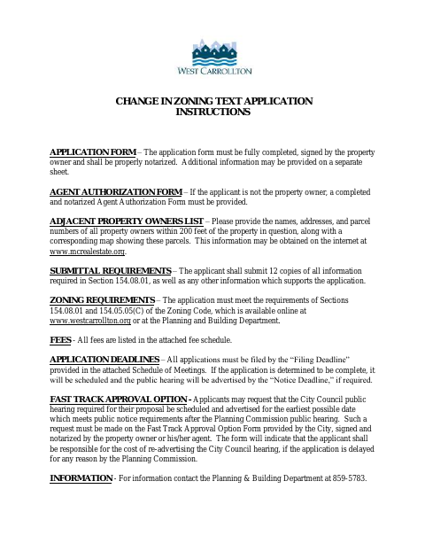 First page of the Zoning Text Change Application