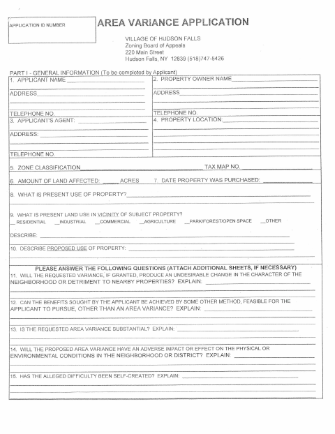 First page of the Area Variance Application