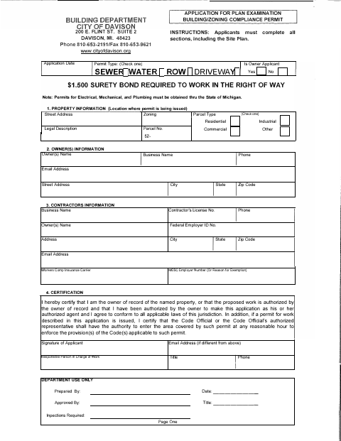 First page of the Sewer, Water, Driveway, Right of Way Permit