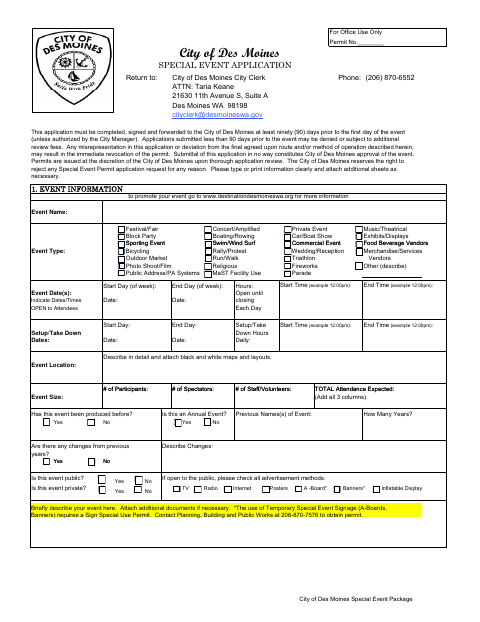 First page of the Special Event Application