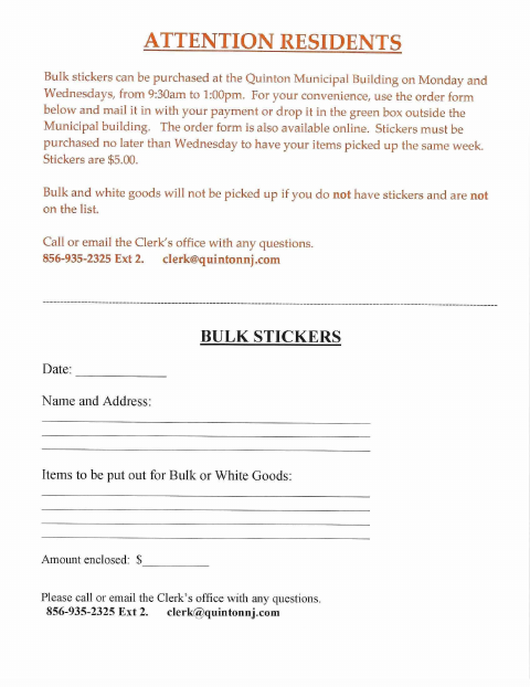 First page of the Bulk Trash Sticker Order Form