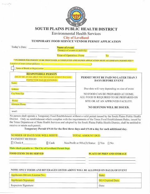 First page of the Temporary Food Service Vendor Permit Application
