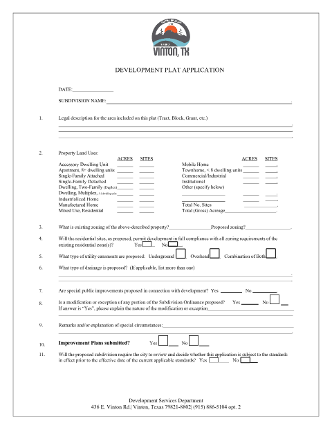 First page of the Development Plat Application