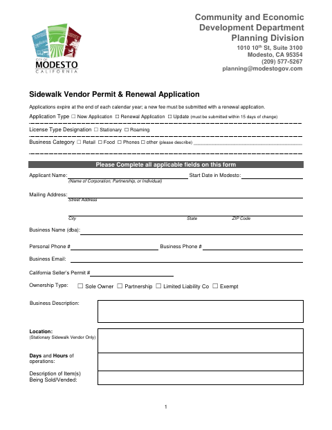 First page of the Sidewalk Vendor Permit and Renewal Application