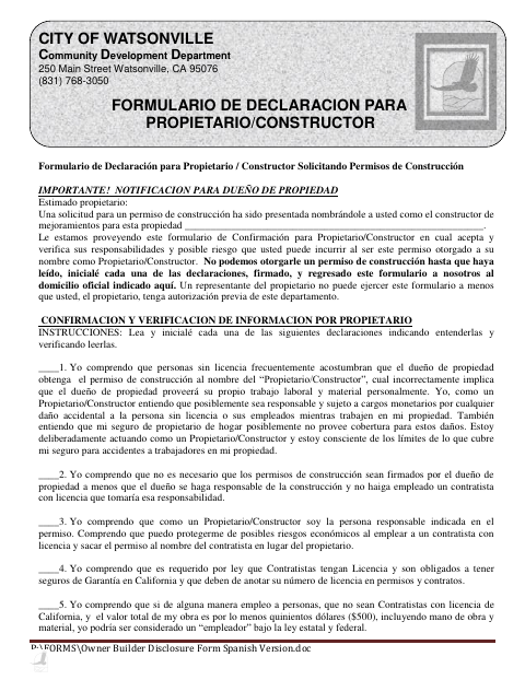 First page of the Owner Builder Disclosure Form Spanish Version