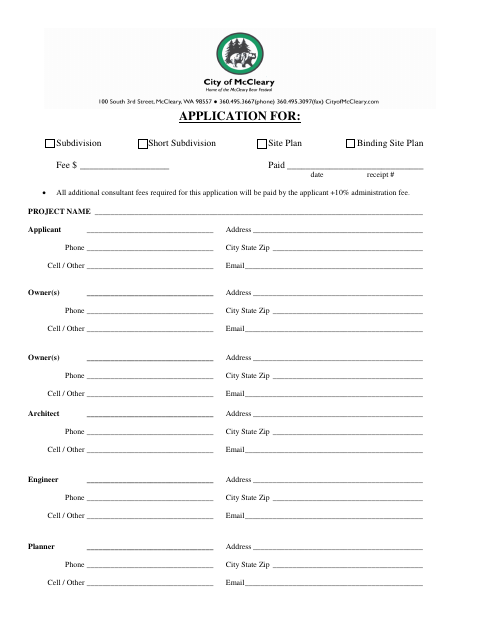 First page of the Binding Site Plan Application