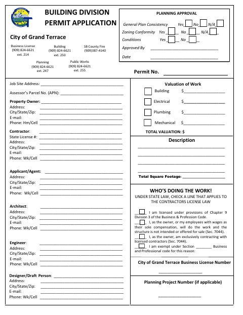 First page of the Building Division Permit Application