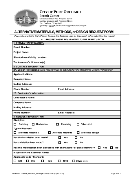 First page of the Alternative Materials, Methods, or Design Request Form