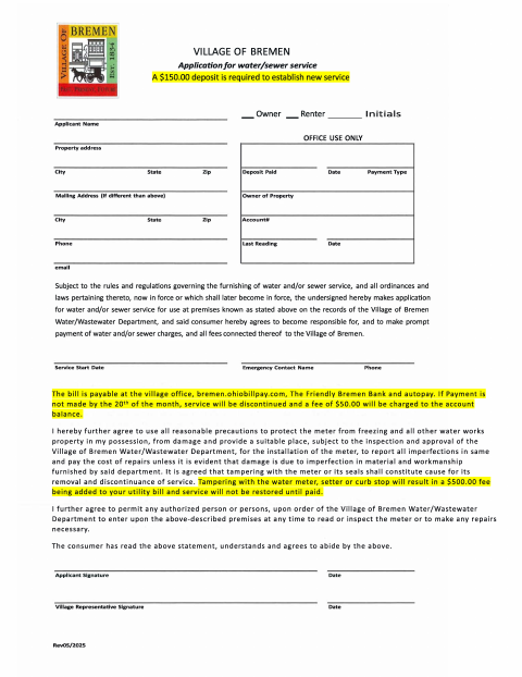 First page of the Application for Water/Sewer Service