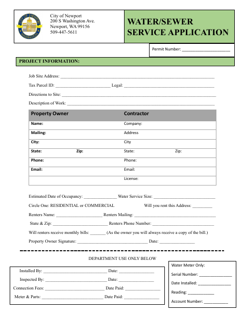 First page of the Water/Sewer Service Application