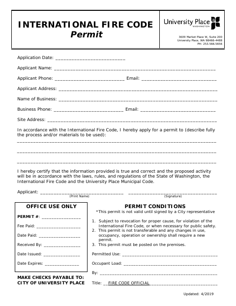 First page of the International Fire Code Permit Application