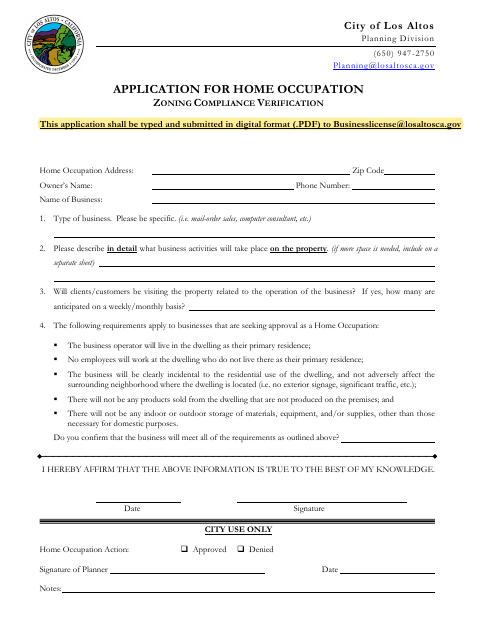First page of the Application for Home Occupation Zoning Compliance Verification