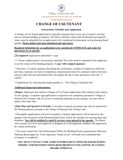 First page of the Change of Use/Tenant Application