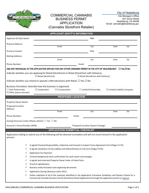 First page of the Commercial Cannabis Business Permit Application