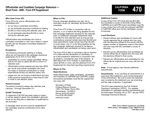 First page of the Officeholder and Candidate Campaign Statement — Short Form and Form 470 Supplement