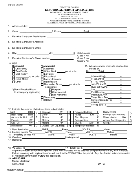 First page of the Electrical Permit Application