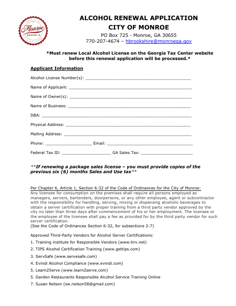First page of the Alcohol License Renewal Application