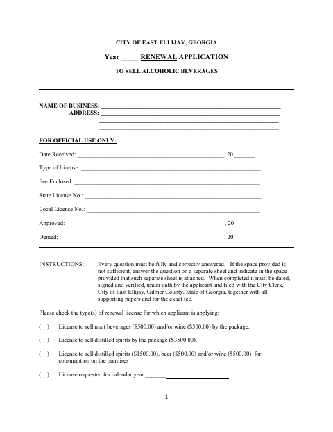 First page of the Alcoholic Beverage License Renewal Application
