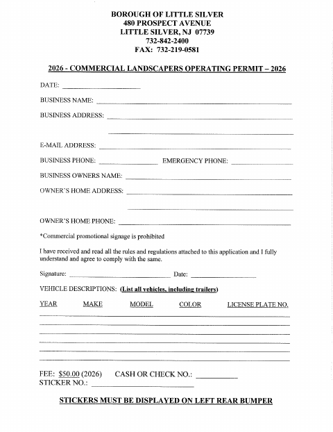 First page of the Commercial Landscapers Operating Permit 2026