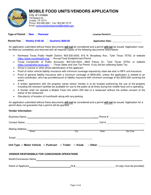 First page of the Mobile Food Units / Vendors Application