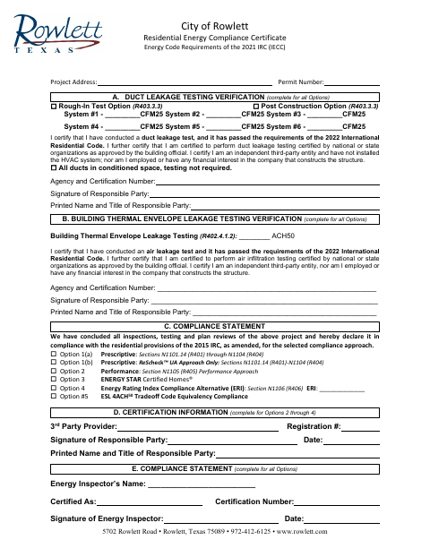 First page of the Residential Energy Compliance Certificate