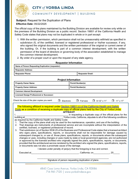 First page of the Request for the Duplication of Plans