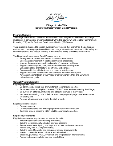 First page of the Downtown Improvement Grant Program Application