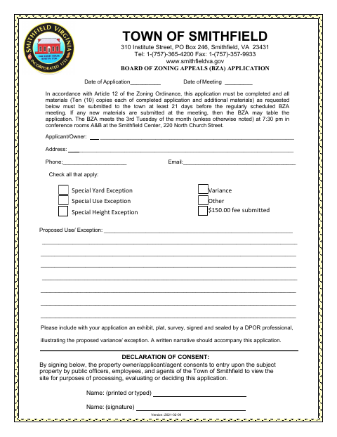 First page of the Board of Zoning Appeals Application