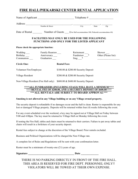 First page of the Fire Hall/Piekarski Center Rental Application