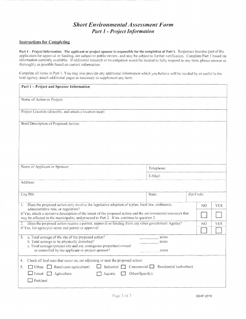 First page of the Short Environmental Assessment Form Part 1 – Project Information