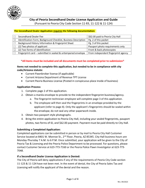 First page of the Secondhand Dealer License Application Packet