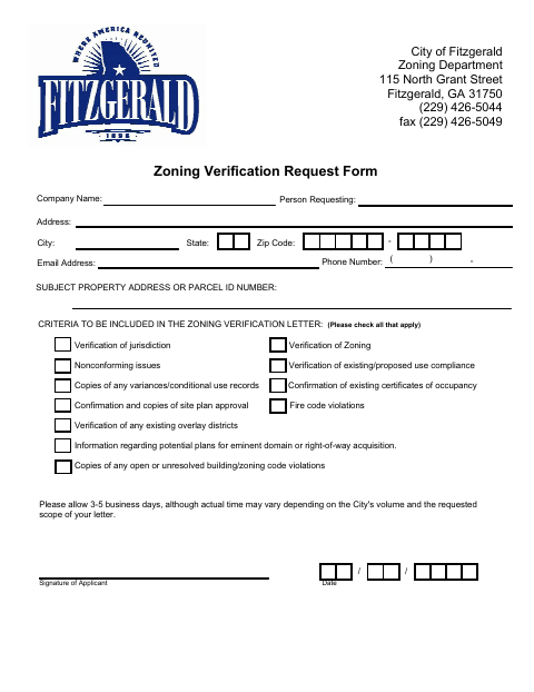 First page of the Zoning Verification Request Form