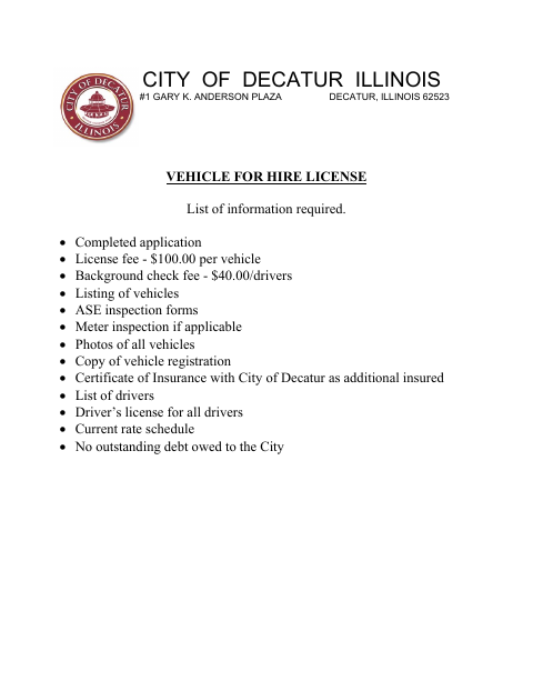 First page of the Vehicle for Hire Company License Application