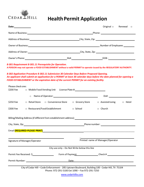 First page of the Health Permit Application