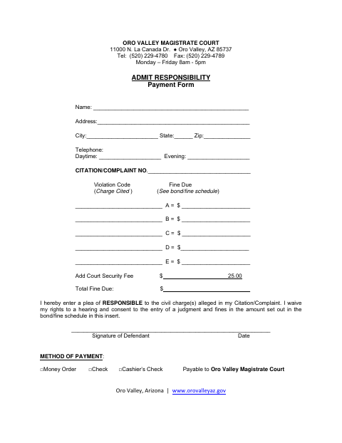 First page of the Admit Responsibility Payment Form