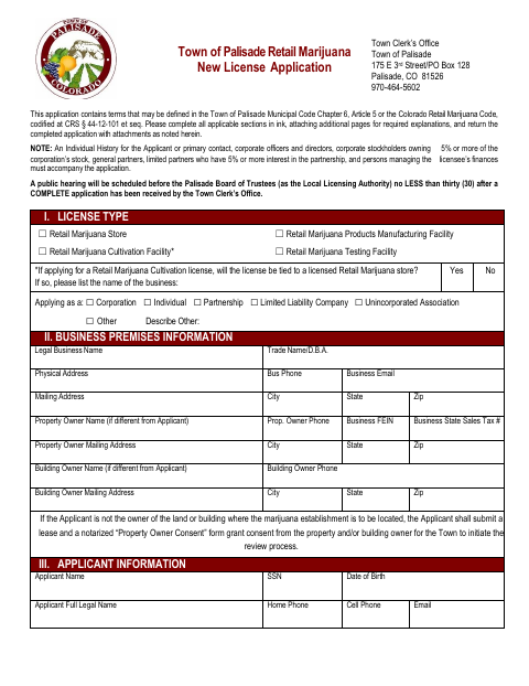 First page of the Retail Marijuana New License Application