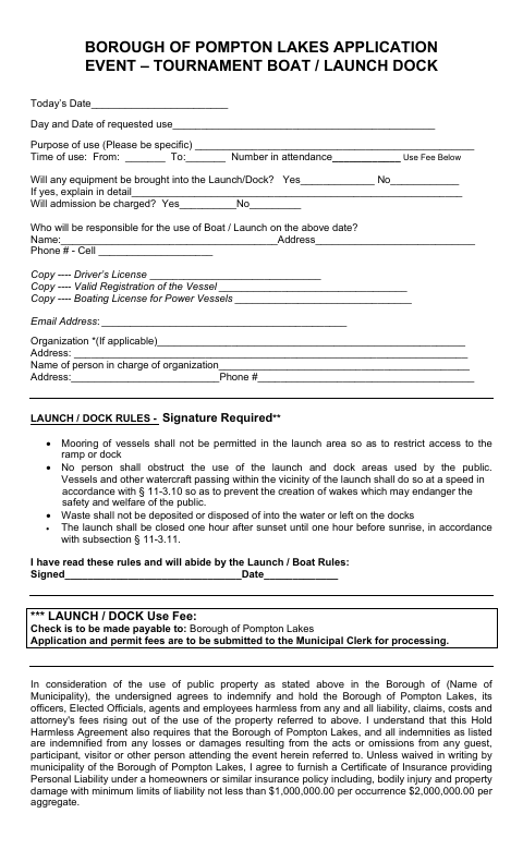 First page of the Event Tournament Boat/Launch Dock Permit Application