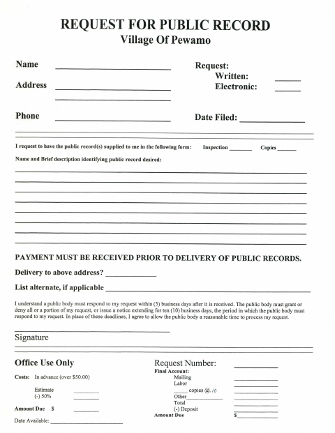 First page of the Request for Public Record