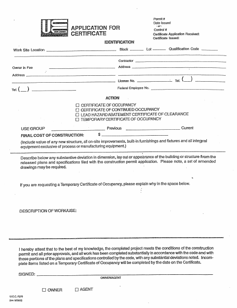 First page of the Certificate of Occupancy Application