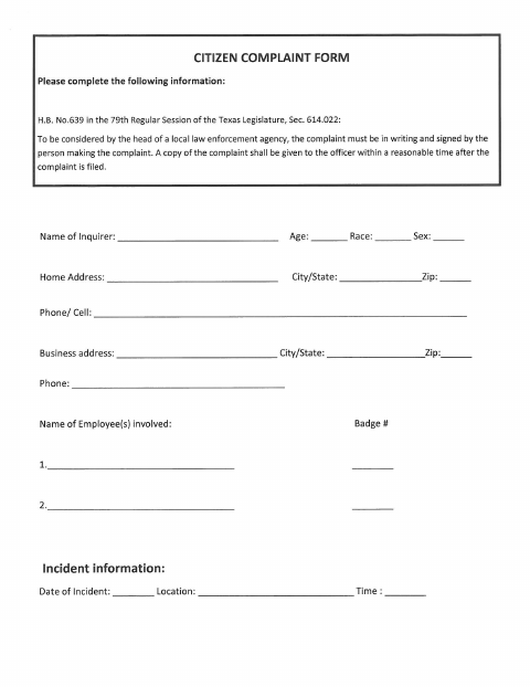 First page of the Citizen Complaint Form