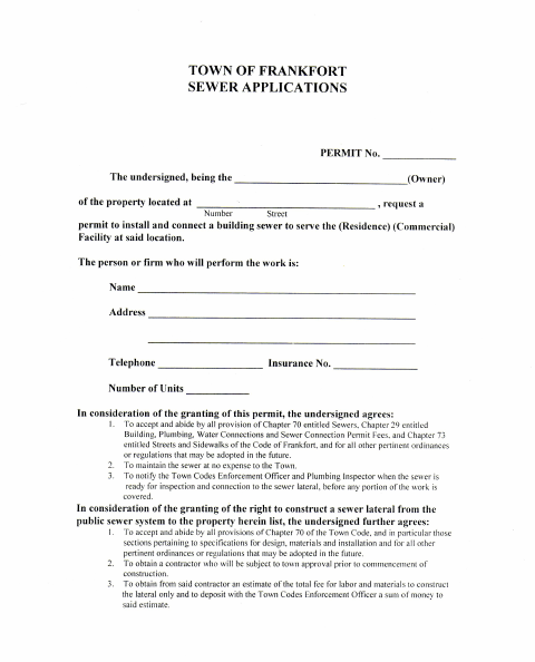 First page of the Sewer Connection Permit Application