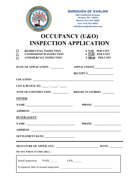 First page of the Occupancy (U&O) Inspection Application