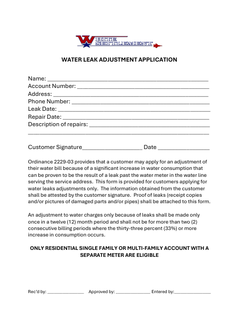 First page of the Water Leak Adjustment Application