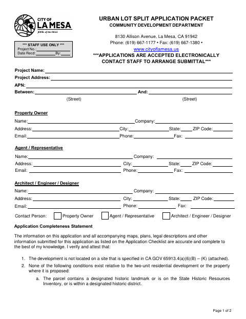 First page of the Urban Lot Split Application Packet