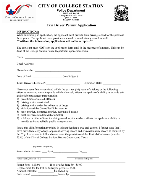 First page of the Taxi Driver Permit Application
