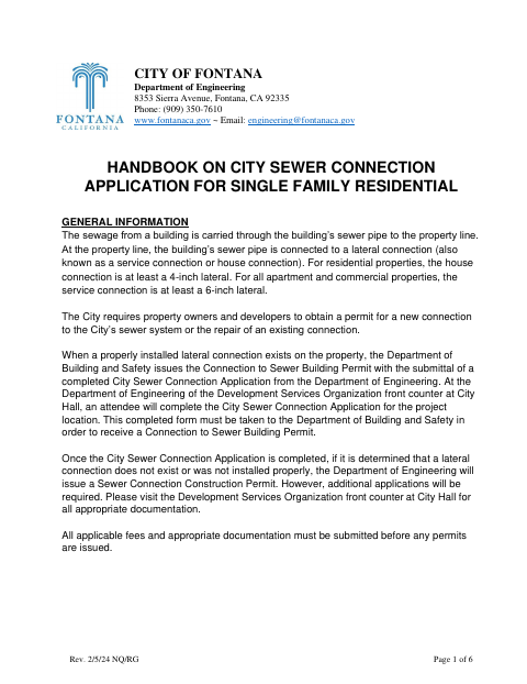 First page of the City Sewer Connection Application for Single Family Residential