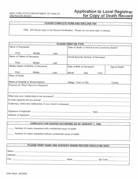 First page of the Application for Copy of Death Record