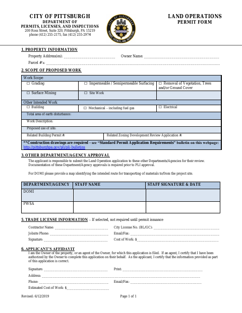 First page of the Land Operations Permit Form