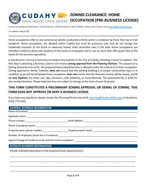First page of the Zoning Clearance: Home Occupation (Pre-Business License)
